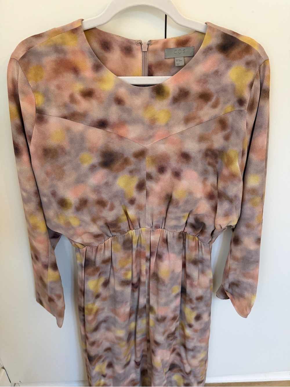 COS Watercolor-Print Long-Sleeve Midi Dress in Pink, Mustard and Taupe